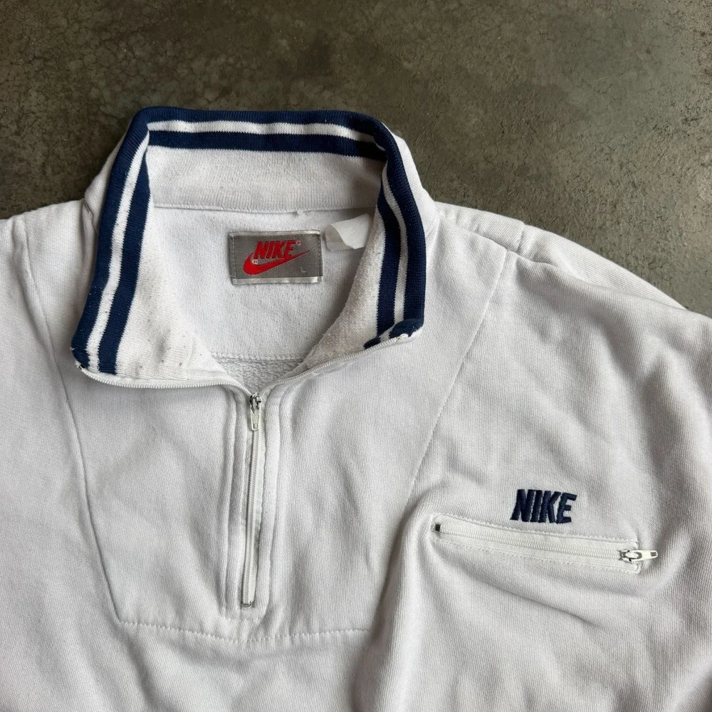 Vintage 80s Nike 1/4 Zip Front Pocket Sweatshirt Pullover White Mens Large USA